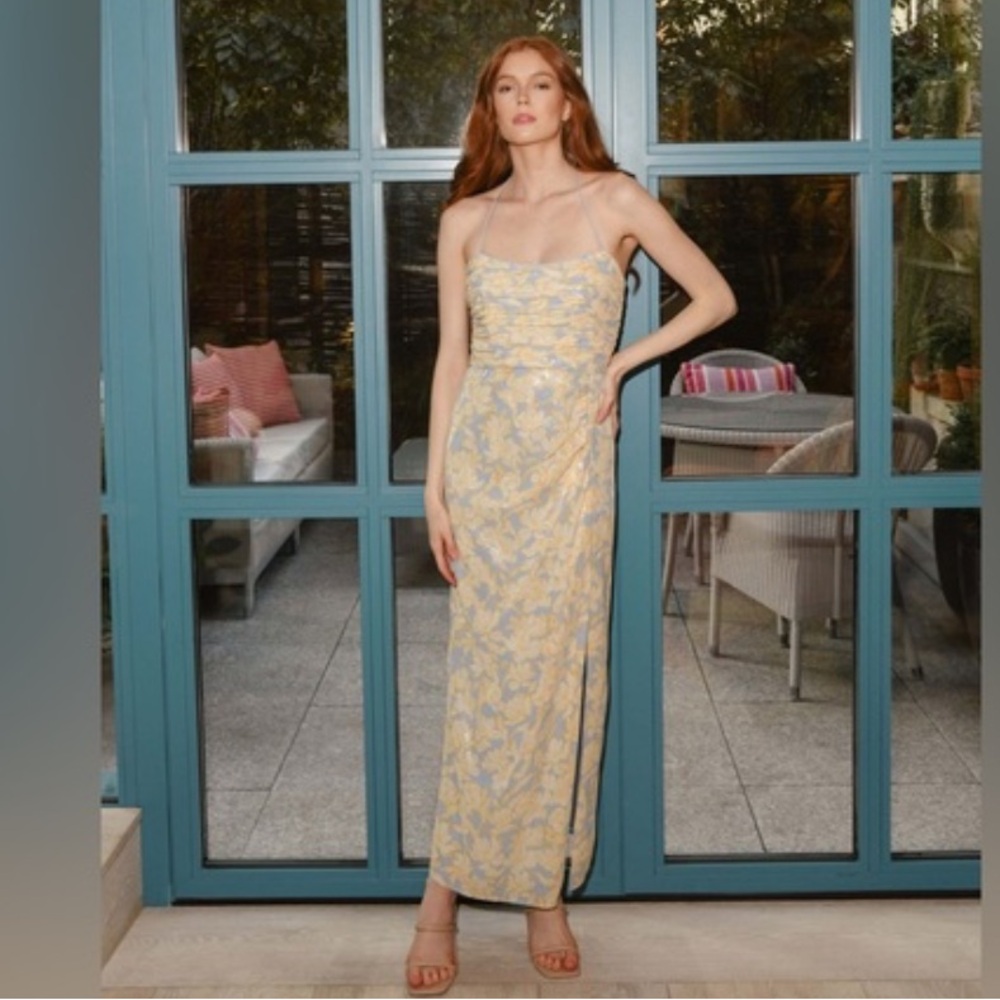 NWT Hutch Tylia Beauden Ruched Side-Slit Sequin Maxi Dress Sky Floral 6 halter - Picture 3 of 4